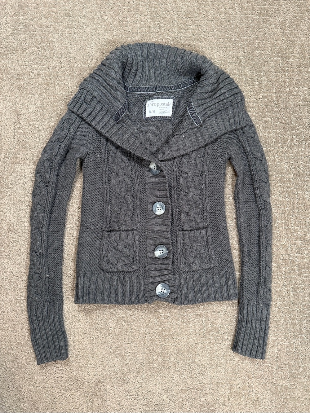 VTG Y2k Aeropostale Chunky Grey Cable Knit Cardigan Sweater Womens Medium Grunge